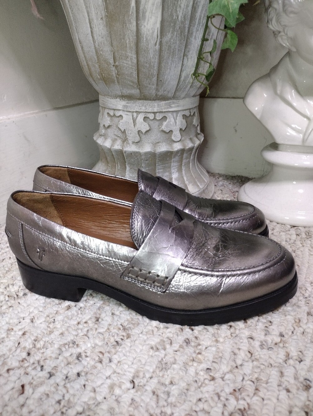 Frye Melissa Metallic Pewter Leather Penny Loafers
